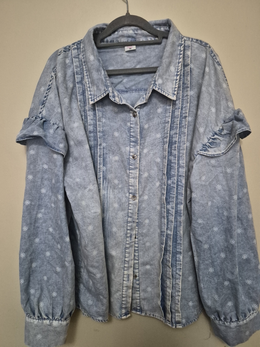 Denim-Style Light Blue Floral Button-Down Shirt